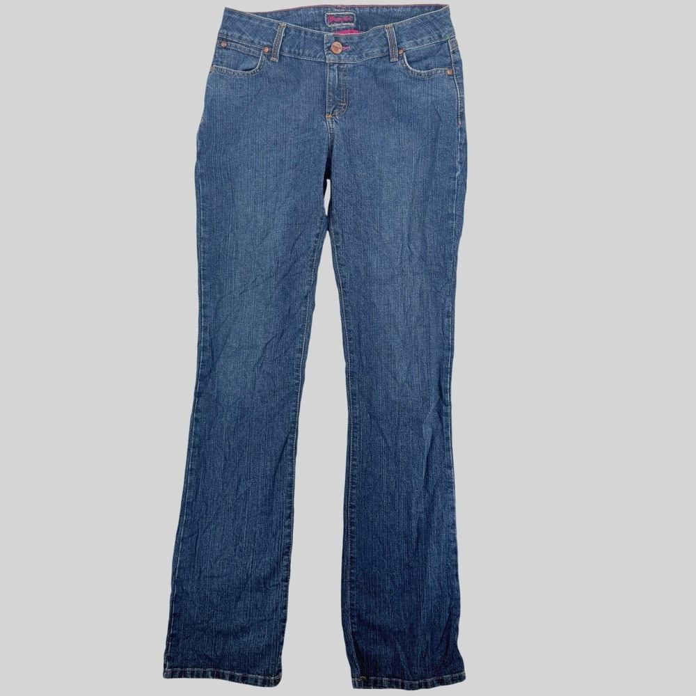 Y2K Wrangler Premium Pink Patch Mae Low Straight Leg Jeans Blue Vintage 11/12
